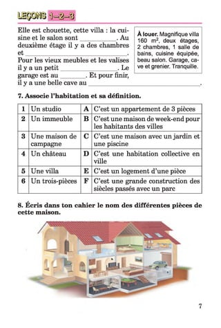 Elle est chouette, cette villa : la cui­
sine et le salon sont___________ . Au
deuxième étage il y a des chambres
e t________________________________ .
Pour les vieux meubles et les valises
il y a un petit__________________ . Le
garage est au ________. Et pour finir,
il y a une belle cave au _____________
7. Associe l’habitation et sa définition.
1 Un studio A C’est un appartement de 3 pièces
2 Un immeuble B C’est une maison de week-end pour
les habitants des villes
3 Une maison de
campagne
C C’est une maison avec un jardin et
une piscine
4 Un château D C’est une habitation collective en
ville
5 Une villa E C’est un logement d’une pièce
6 Un trois-pièces F C’est une grande construction des
siècles passés avec un parc
a
8. Ecris dans ton cahier le nom des différentes pièces de
cette maison.
À louer. Magnifique villa
160 m2, deux étages,
2 chambres, 1 salle de
bains, cuisine équipée,
beau salon. Garage, ca­
ve et grenier. Tranquille.
7
 