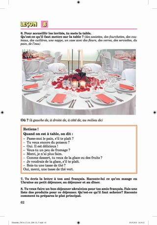 <
§>
#
6. Pour accueillir les invites, tu mets la table.
Qu’est-ce qu’il faut mettre sur la table ? (des assiettes, des fourchettes, des cou-
teaux, des cuilleres, une nappe, un vase avec des fleurs, des verres, des serviettes, du
pain, de I’eau)
Ou ? (a gauche de, d droite de, ä cöte de, au milieu de)
R e tie n s !
Q uand o n e st a tab le, on d i t :
- Passe-moi le pain, s’il te plait ?
- Tu veux encore du poisson ?
- Oui. II est delicieux !
- Veux-tu un peu de fromage ?
- Merci, je n ’ai plus faim.
- Comme dessert, tu veux de la glace ou des fruits ?
- Je voudrais de la glace, s’il te plait.
- Bois-tu une tasse de the ?
Oui, merci, une tasse de the vert.
7. Tu ecris la lettre ä ton ami frangais. Raconte-lui ce qu’on mange en
Ukraine au petit dejeuner, au dejeuner et au diner.
8. Tu veux faire un bon dejeuner ukrainien pour tes amis frangais. Fais une
liste des produits pour ce dejeuner. Qu’est-ce qu’il faut acheter? Raconte
comment tu prepares le plat principal.
62
Klimenko_FM-6r_P_6.fr_(208-13)_V.indd 62 29.05.2014 16:19:12
 