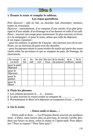175
Bilan 6
1. Écoute le texte et remplie le tableau.
Les repas quotidiens
Petit déjeuner : café ou thé, ou chocolat (lait chocolaté), tartines,
toasts ou croissants.
Déjeuner : normalement, il se compose d’une entrée, d’un plat prin-
cipal et d’une salade, d’un fromage ou d’un dessert et enfin d’un café.
Dîner : souvent une soupe pour commencer (le plus souvent en hiver,
et à la campagne), et pour le reste, même que celle du déjeuner.
À ces repas s’ajoutent :
– pour les enfants, le goûter de 4 heures : des tartines avec de la con-
fiture, ou un morceau de pain avec du chocolat ;
– pour les paysans existe le casse-croûte du matin qui porte des noms
variés selon les provinces et qui se compose de pain, de fromage, de
charcuterie.
On mange :
(on boit)
du
thé
du
café
du des-
sert
des tar-
tines
de la viande
(du poisson)
de la
confiture
de la
salade
pour le petit
déjeuner
pour le
déjeuner
pour le
goûter
pour le
dîner
2. Finis les phrases.
1. Les enfants prennent le … à … heures.
2. Le plus souvent le crasse-croûte se compose de … , … , …. .
3. Normalement le dîner et le déjeuner se composent d’une … et d’un
… .
3. Lis le texte.
« Entre midi et deux... »
« Entre midi et deux... ». Les Français disent souvent ces quelques
mots : à Paris, mais encore plus en province, le travail s’arrête pen-
dant une heure ou deux, entre le matin et l’après-midi. Pour déjeu-
ner ? Pour se reposer ? Pour faire quoi ?
 