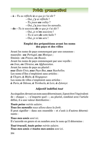 204
Précis grammatical
– à – Tu as réfléchi à ce que je t’ai dit ?
– Oui, j’y ai réfléchi !
– Tu joues au volley ?
– Oui, j’y joue tous les samedis.
– de – Tu te souviens de ce que je t’ai dit ?
– Oui, je m’en souviens !
– Tu te sers de cette balle ?
– Oui, je m’en sers !
Emploi des prépositions avant les noms
des pays et des villes
Avant les noms de pays commençant par une consonne :
masculin : au Portugal, au Mexique ;
féminin : en France, en Russie.
Avant les noms de pays commençant par une voyelle :
en Iran, en Ukraine, en Afghanistan.
Avant les noms de pays au pluriel :
aux États-Unis, aux Pays-Bas, aux Seychelles.
Les noms d’îles s’emploient sans articles :
à Chypre, à Malte, à Singapour.
Les noms de villes s’emploient sans articles :
à Paris, à Odessa, à Terebovla, à Lviv, à Jytomyr.
Adjectif indéfini tout
Ausingulier,devantunnomsansdéterminant,ilpeutêtrel’équivalent
de « chaque », « n’importe quel » ; au pluriel, combiné avec l’article
défini, il a une valeur distributive :
Toute peine mérite salaire.
Tous les samedis nous allons dans la forêt.
Il peut signifier « dans son ensemble » et s’unit à d’autres détermi-
nants :
Tous mes amis sont ici.
Il s’accorde en genre et en nombre avec le nom qu’il détermine :
Tout travail, toute peine mérite salaire.
Tous mes amis et toutes mes amies sont ici.
 