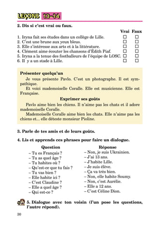 30
LEÇONS 13–14
2. Dis si c’est vrai ou faux.
Vrai Faux
1. Iryna fait ses études dans un collège de Lille.
2. C’est une brune aux yeux bleus.
3. Elle s’intéresse aux arts et à la littérature.
4. Clément aime écouter les chansons d’Édith Piaf.
5. Iryna a la tenue des footballeurs de l’équipe de LOSC.
6. Il y a un stade à Lille.
Présenter quelqu’un
Je vous présente Pavlo. C’est un photographe. Il est sym-
pathique.
Et voici mademoiselle Coralle. Elle est musicienne. Elle est
Française.
Exprimer ses goûts
Pavlo aime bien les chiens. Il n’aime pas les chats et il adore
mademoiselle Coralle.
Mademoiselle Coralle aime bien les chats. Elle n’aime pas les
chiens et... elle déteste monsieur Pioline.
3. Parle de tes amis et de leurs goûts.
4. Lis et apprends ces phrases pour faire un dialogue.
Question
– Tu es Français ?
– Tu as quel âge ?
– Tu habites où ?
– Qu’est-ce que tu fais ?
– Tu vas bien ?
– Elle habite ici ?
– C’est Claudine ?
– Elle a quel âge ?
– Qui est-ce ?
Réponse
– Non, je suis Ukrainien.
– J’ai 13 ans.
– J’habite Lille.
– Je suis élève.
– Ça va très bien.
– Non, elle habite Soumy.
– Non, c’est Aurélie.
– Elle a 12 ans.
– C’est Céline Dion.
5. Dialogue avec ton voisin (l’un pose les questions,
l’autre répond).
 