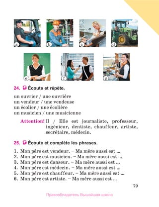 79
24. Écoute et répète.
un ouvrier / une ouvriиre
un vendeur / une vendeuse
un йcolier / une йcoliиre
un musicien / une musicienne
Attention! 
Il / Elle est journaliste, professeur,
ingйnieur, dentiste, chauffeur, artiste,
secrйtaire, mйdecin.
25. Écoute et complète les phrases.
1.	 Mon pиre est vendeur. – Ma mиre aussi est …
2.	 Mon pиre est musicien. – Ma mиre aussi est …
3.	 Mon pиre est danseur. – Ma mиre aussi est …
4.	 Mon pиre est mйdecin. – Ma mиre aussi est …
5.	 Mon pиre est chauffeur. – Ma mиre aussi est …
6.	 Mon pиre est artiste. – Ma mиre aussi est …
a b c d
e f g
Правообладатель Вышэйшая школа
 