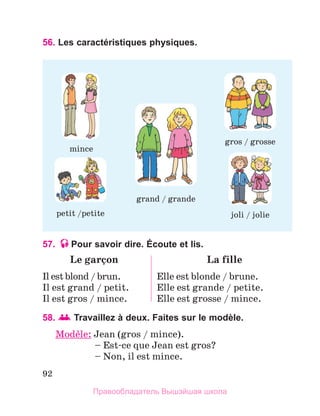 92
56. Les caractéristiques physiques.
57. Pour savoir dire. Écoute et lis.
Le garзon
Il est blond / brun.
Il est grand / petit.
Il est gros / mince.
La fille
Elle est blonde / brune.
Elle est grande / petite.
Elle est grosse / mince.
58. Travaillez à deux. Faites sur le modèle.
Modиle: 
Jean (gros / mince).
	 – Est-ce que Jean est gros?
	 – Non, il est mince.
mince
petit /petite
grand / grande
gros / grosse
joli / jolie
Правообладатель Вышэйшая школа
 