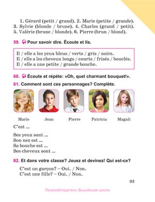 93
1. Gйrard (petit / grand). 2. Marie (petite / grande).
3. Sylvie (blonde / brune). 4. Charles (grand / petit).
5. Valйrie (brune / blonde). 6. Pierre (brun / blond).
59. Pour savoir dire. Écoute et lis.
60. Écoute et répète: «Oh, quel charmant bouquet!».
61. Comment sont ces personnages? Complète.
C’est …
Ses yeux sont …
Son nez est …
Sa bouche est …
Ses cheveux sont …
62. Et dans votre classe? Jouez et devinez! Qui est-ce?
C’est un garзon? – Oui. / Non.
C’est une fille? – Oui. / Non.
Il / elle a les yeux bleus / verts / gris / noirs.
Il / elle a les cheveux longs / courts / frisйs / bouclйs.
Il / elle a une petite / grande bouche.
Magali
Marie Jean Pierre Patricia
Правообладатель Вышэйшая школа
 