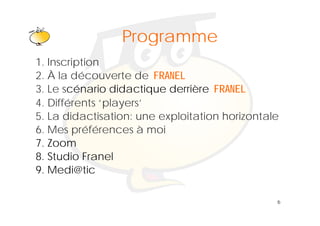 Klik om het opmaakprofiel te
                Programme
                   bewerken
1.
1 Inscription
2. À la découverte de FRANEL
3 Le scénario didactique derrière FRANEL
3.
4. Différents ‘players’
5. La didactisation: une exploitation h i
5 L did ti ti               l it ti   horizontale
                                             t l
6. Mes préférences à moi
7. Zoom
8. Studio Franel
9. Medi@tic

                                                6
 