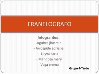 FRANELOGRAFO
Integrantes:
-Aguirre jhasmin
- Arrospide adriana
- Leyva karla
- Mendoza mary
- Vega emma
Grupo 4-Tarde

 