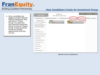 FranEquity                         SM


Building Qualified Partnerships         How Candidates Create An Investment Group

     Once a candidate has
      logged in to their Member
      Account Dashboard, they
      will click on “Create
      Group” to create their
      own Potential Investment
      Group” or click on “Search
      Group” if they would like
      to look for existing
      opportunities that they
      can join.




                                                 Member Account Dashboard
 