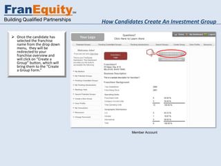 FranEquity                        SM


Building Qualified Partnerships        How Candidates Create An Investment Group

    Once the candidate has
     selected the franchise
     name from the drop down
     menu, they will be
     redirected to your
     franchise overview and
     will click on “Create a
     Group” button, which will
     bring them to the “Create
     a Group Form.”




                                                 Member Account
 
