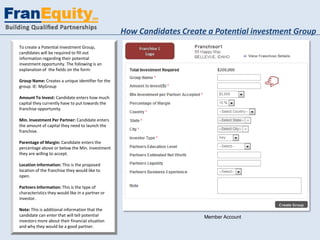 How Candidates Create a Potential investment Group
To create a Potential Investment Group,
candidates will be required to fill out
information regarding their potential
investment opportunity. The following is an
explanation of the fields on the form:

Group Name: Creates a unique identifier for the
group. IE: MyGroup

Amount To Invest: Candidate enters how much
capital they currently have to put towards the
franchise opportunity.

Min. Investment Per Partner: Candidate enters
the amount of capital they need to launch the
franchise.

Parentage of Margin: Candidate enters the
percentage above or below the Min. Investment
they are willing to accept.

Location information: This is the proposed
location of the franchise they would like to
open.

Partners Information: This is the type of
characteristics they would like in a partner or
investor.

Note: This is additional information that the
candidate can enter that will tell potential                           Member Account
investors more about their financial situation
and why they would be a good partner.
 