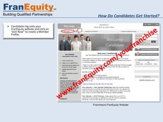 FranEquity                            SM


Building Qualified Partnerships                How Do Candidates Get Started?

   Candidates log onto your
    FranEquity website and click on
    “Join Now” to create a Member
    Profile.




                                           Franchisors FranEquity Website
 