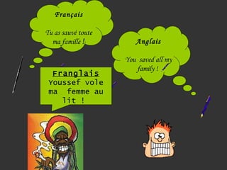 Français

Tu as sauvé toute
  ma famille !         Anglais

                    You  saved all my
                        family !
  Franglais
 Youssef vole
 ma  femme au
    lit !
 