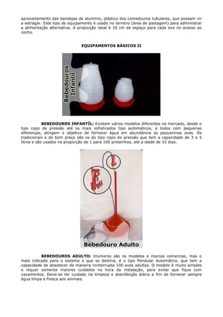 aproveitamento das bandejas de alumínio, plástico dos comedouros tubulares, que possam vir
a estragar. Este tipo de equipamento é usado no terreiro (área de pastagem) para administrar
a alimentação alternativa. A proporção ideal é 10 cm de espaço para cada ave no acesso ao
cocho.
EQUIPAMENTOS BÁSICOS II
BEBEDOUROS INFANTÍL: Existem vários modelos diferentes no mercado, desde o
tipo copo de pressão até os mais sofisticados tipo automáticos, e todos com pequenas
diferenças, atingem o objetivo de fornecer água em abundância as pequeninas aves. Os
tradicionais e de bom preço são os do tipo copo de pressão que tem a capacidade de 3 a 5
litros e são usados na proporção de 1 para 100 pintainhos, até a idade de 15 dias.
BEBEDOUROS ADULTO: Inúmeros são os modelos e marcas comercias, mas o
mais indicado para o sistema a que se destina, é o tipo Pendular Automático, que tem a
capacidade de abastecer de maneira ininterrupta 100 aves adultas. O modelo é muito simples
e requer somente maiores cuidados na hora da instalação, para evitar que fique com
vazamentos. Deve-se ter cuidado na limpeza e desinfecção diária a fim de fornecer sempre
água limpa e fresca aos animais.
 