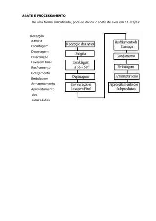 ABATE E PROCESSAMENTO
De uma forma simplificada, pode-se dividir o abate de aves em 11 etapas:
Recepção
Sangria
Escaldagem
Depenagem
Evisceração
Lavagem final
Resfriamento
Gotejamento
Embalagem
Armazenamento
Aproveitamento
dos
subprodutos
 