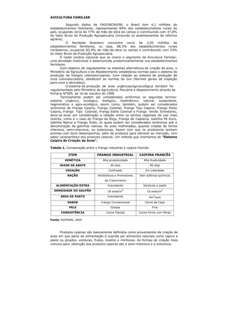AVICULTURA FAMILIAR
Segundo dados da FAO/INCRA/96, o Brasil tem 4,1 milhões de
estabelecimentos familiares, representando 84% dos estabelecimentos rurais do
país, ocupando cerca de 77% da mão-de-obra do campo e contribuindo com 37,8%
do Valor Bruto da Produção Agropecuária (incluindo os assentamentos de reforma
agrária).
O Nordeste Brasileiro concentra cerca de 2,05 milhões de
estabelecimentos familiares, ou seja, 88,3% dos estabelecimentos rurais
nordestinos, ocupando 82,9% da mão-de-obra no campo e contribuindo com 43%
do Valor Bruto da Produção Agropecuária.
É neste cenário nacional que se insere o segmento da Avicultura Familiar,
uma atividade tradicional e desenvolvida predominantemente nos estabelecimentos
familiares.
Com objetivo de regulamentar os sistemas alternativos de criação de aves, o
Ministério da Agricultura e do Abastecimento estabeleceu normas para o sistema de
produção de frangos coloniais/caipiras. Com relação ao sistema de produção de
ovos coloniais/caipira, obedecem as normas do ovo (Normas gerais de inspeção
para ovos e derivados).
O sistema de produção de aves orgânicas/agroecológica também foi
regulamentado pelo Ministério de Agricultura, Pecuária e Abastecimento através da
Portaria N°505, de 16 de outubro de 1998.
Tecnicamente podem ser considerados sinônimos os seguintes termos:
sistema orgânico, ecológico, biológico, biodinâmico, natural, sustentável,
regenerativo e agro-ecológico, assim como, também, podem ser considerados
sinônimos de Frango Caipira, Frango Colonial, Frango Tipo Caipira, Frango Estilo
Caipira, Frango Tipo Colonial, Frango Estilo Colonial e Frango Verde. Entretanto,
deve-se levar em consideração a relação entre os termos regionais de uso mais
restrito, como é o caso do Frango da Roça, Frango de Capoeira, Galinha Pé Duro,
Galinha Nativa e Frango Índio, os quais podem ser considerados sinônimos sob a
denominação de galinhas nativas. As aves melhoradas, quando criadas de forma
intensiva, semi-intensiva, ou extensivas, fazem com que os produtores tenham
animais com bons desempenhos, além de produtos para oferecer ao mercado, com
sabor característico dos produtos caipiras. Um método que chamamos de "Sistema
Caipira de Criação de Aves".
Tabela 1. Comparação entre o frango industrial e caipira francês.
Fonte: AVIFRAN, 2004
Produtos caipiras são basicamente definidos como provenientes da criação de
aves em que parte da alimentação é suprida por alimentos naturais como capins a
pasto ou picados, verduras, frutas, insetos e minhocas. As formas de criação mais
comuns para obtenção dos produtos caipiras são a semi-intensiva e a extensiva.
ITEM FRANGO INDUSTRIAL CAIPIRA FRANCÊS
GENÉTICA Alta produtividade Alta Rusticidade
IDADE DE ABATE 40 dias 90 dias
CRIAÇÃO Confinado Em Liberdade
RAÇÃO Antibióticos e Promotores
de Crescimento
Sem aditivos químicos
ALIMENTAÇÃO EXTRA Inexistente Verduras e pasto
DENSIDADE DO GALPÃO 18 aves/m
2
10 aves/m
2
AREA DE PASTO Inexistente 4m
2
/ave
SABOR Frango Convencional Carne de Caça
PELE Grossa Fina
CONSISTÊNCIA Carne Flácida Carne Firme com fibras
 