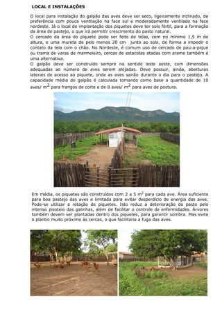 LOCAL E INSTALAÇÕES
O local para instalação do galpão das aves deve ser seco, ligeiramente inclinado, de
preferência com pouca ventilação na face sul e moderadamente ventilado na face
nordeste. Já o local de implantação dos piquetes deve ter solo fértil, para a formação
da área de pastejo, o que irá permitir crescimento do pasto natural.
O cercado da área do piquete pode ser feito de telas, com no mínimo 1,5 m de
altura, e uma mureta de pelo menos 20 cm junto ao solo, de forma a impedir o
contato da tela com o chão. No Nordeste, é comum uso de cercado de pau-a-pique
ou trama de varas de marmeleiro, cercas de estacotes atadas com arame também é
uma alternativa.
O galpão deve ser construído sempre no sentido leste oeste, com dimensões
adequadas ao número de aves serem alojadas. Deve possuir, ainda, aberturas
laterais de acesso ao piquete, onde as aves sairão durante o dia para o pastejo. A
capacidade média do galpão é calculada tomando como base a quantidade de 10
aves/ m2 para frangos de corte e de 8 aves/ m2 para aves de postura.
Em média, os piquetes são construídos com 2 a 5 m2
para cada ave. Área suficiente
para boa pastejo das aves e limitada para evitar desperdício de energia das aves.
Pode-se utilizar a rotação de piquetes. Isto reduz a deterioração do pasto pelo
intenso pisoteio das galinhas, além de facilitar o controle de enfermidades. Árvores
também devem ser plantadas dentro dos piquetes, para garantir sombra. Mas evite
o plantio muito próximo às cercas, o que facilitaria a fuga das aves.
 
