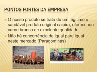 PONTOS FORTES DA EMPRESA
O nosso produto se trata de um legítimo e
saudável produto original caipira, oferecendo
carne branca de excelente qualidade;
 Não há concorrência de igual para igual
neste mercado (Paragominas)


 