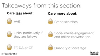 AVE
Links, particularly if  
they are follows
TF, DA or CF
Brand searches
Social media engagement
and online conversation
Quantity of coverage
Takeaways from this section:
@FrannGriffin
Care less about: Care more about:
 