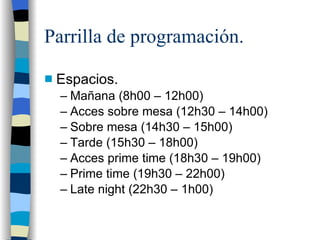 Parrilla de programación. Espacios. Mañana (8h00 – 12h00) Acces sobre mesa (12h30 – 14h00) Sobre mesa (14h30 – 15h00) Tarde (15h30 – 18h00) Acces prime time (18h30 – 19h00) Prime time (19h30 – 22h00) Late night (22h30 – 1h00)
