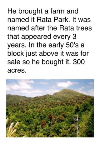 He brought a farm and
named it Rata Park. It was
named after the Rata trees
that appeared every 3
years. In the early 50's a
block just above it was for
sale so he bought it. 300
acres.

 
