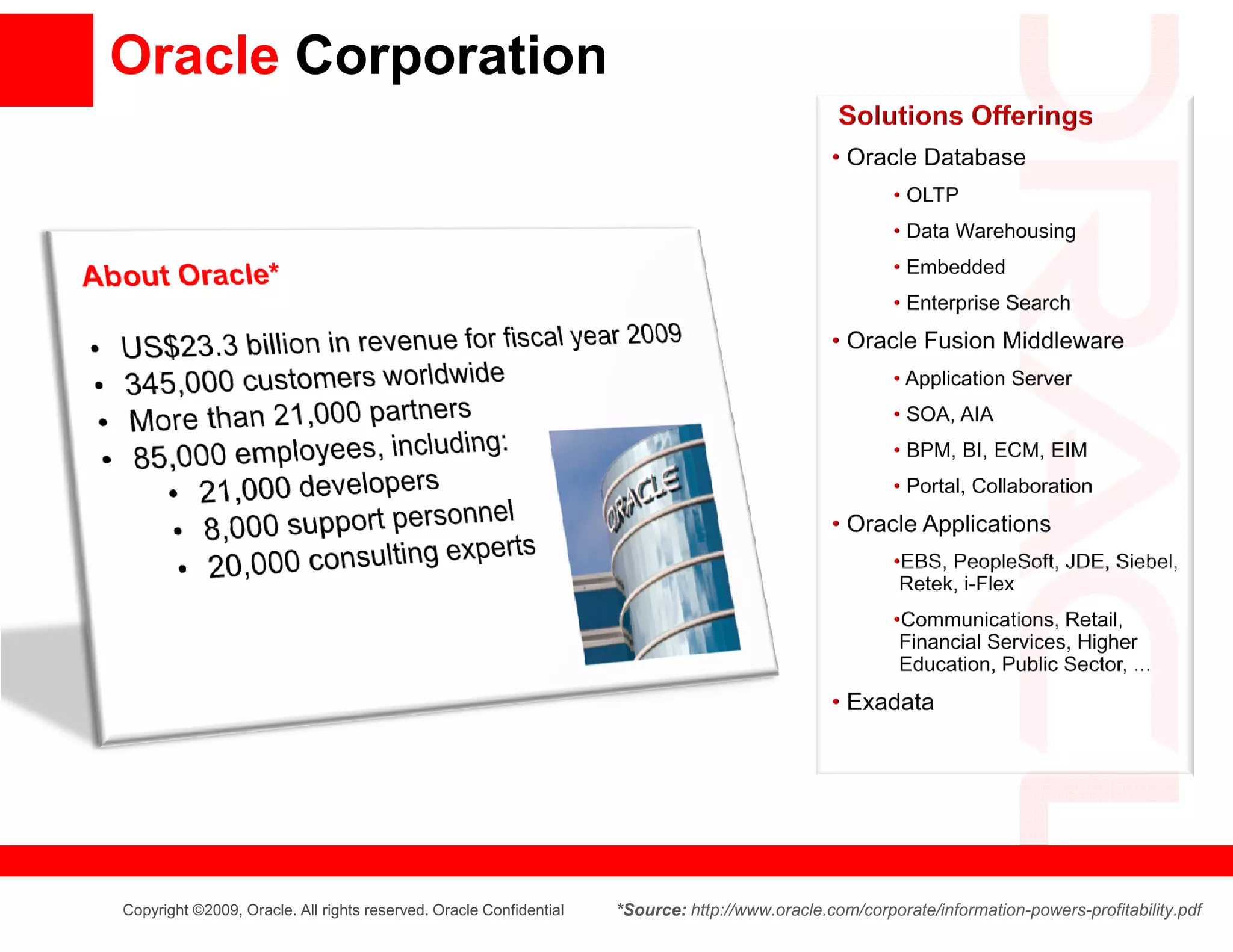 Oracle Corporation




Copyright ©2009, Oracle. All rights reserved. Oracle Confidential   *Source: http://www.oracle.com/corporate/information-powers-profitability.pdf
 