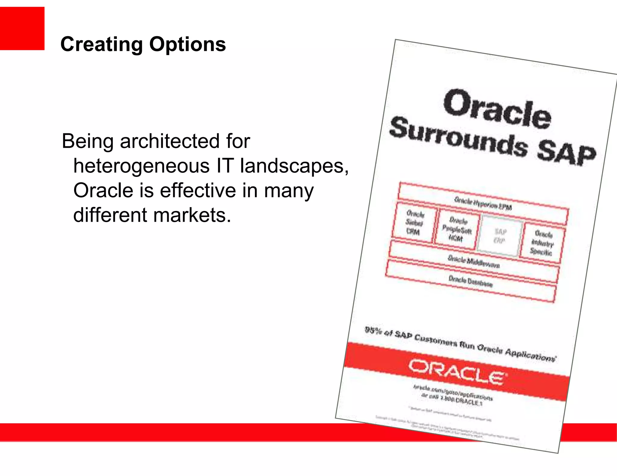 Creating Options



Being architected for
 heterogeneous IT landscapes,
 Oracle is effective in many
 different markets.
 