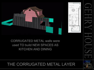 THE CORRUGATED METAL LAYER CORRUGATED METAL WAS USED  CORRUGATED METAL walls were used TO build NEW SPACES AS KITCHEN AND DINING 