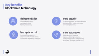 Key benefits
blockchain technology
increased transparency
improved risk diversification
automated regulatory oversight
less systemic risk
internal record keeping
documentation processing
multiparty process compatibility
M2M and AI on the internet (IoT)
more automation
cryptographically secured/validated
accountability and provenance
ownership tracking
more security
increased efficiency
decreased costs
faster processing
disintermediation
 