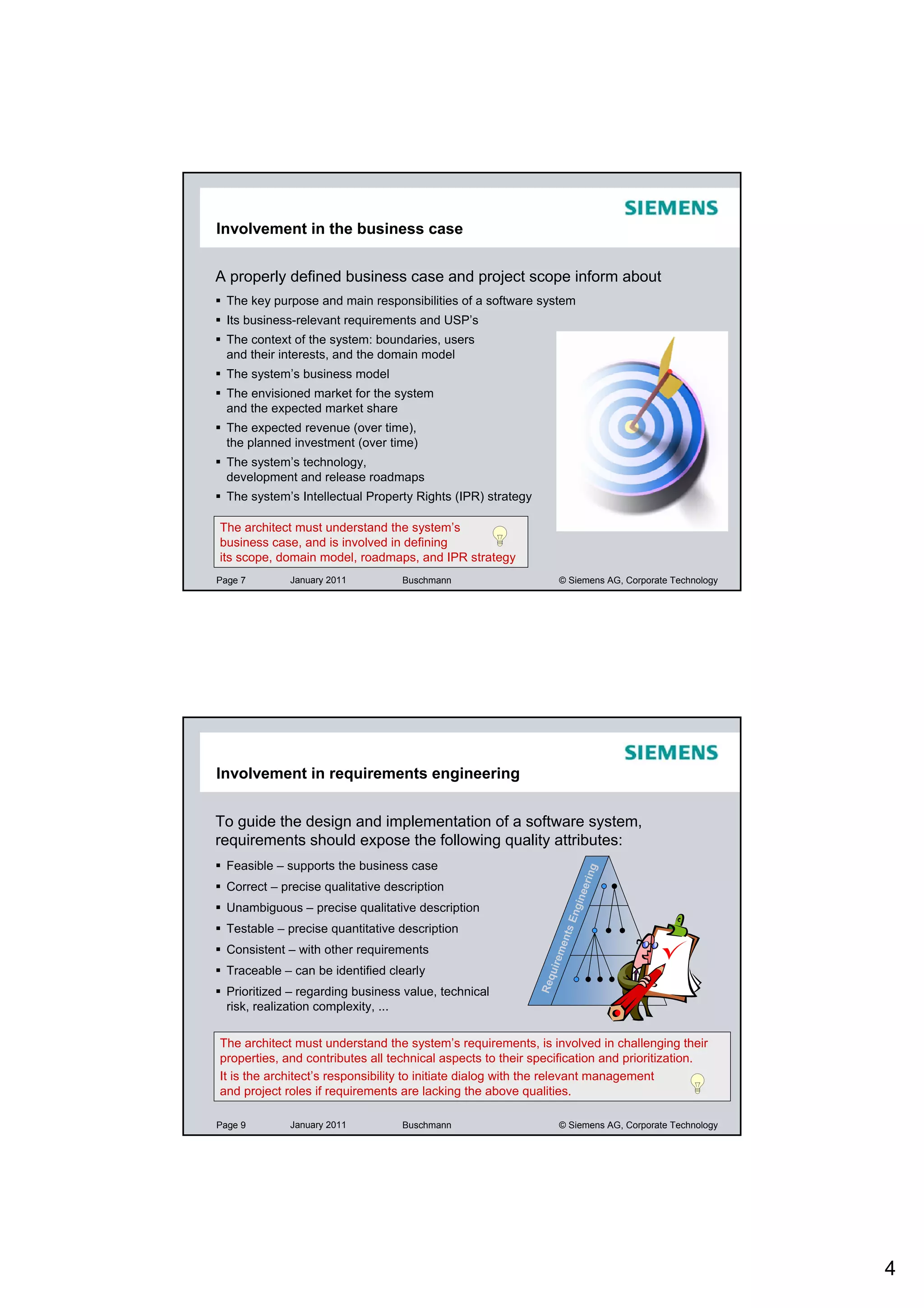 Involvement in the business case


A properly defined business case and project scope inform about
  The key purpose and main responsibilities of a software system
  Its business-relevant requirements and USP’s
  The context of the system: boundaries, users
  and their interests, and the domain model
  The system’s business model
  The envisioned market for the system
  and the expected market share
  The expected revenue (over time),
  the planned investment (over time)
  The system’s technology,
  development and release roadmaps
  The system’s Intellectual Property Rights (IPR) strategy

The architect must understand the system’s
business case, and is involved in defining
its scope, domain model, roadmaps, and IPR strategy
Page 7        January 2011         Buschmann                       © Siemens AG, Corporate Technology




Involvement in requirements engineering


To guide the design and implementation of a software system,
requirements should expose the following quality attributes:
  Feasible – supports the business case
                                                                             ing




  Correct – precise qualitative description
                                                                          eer
                                                                          n




  Unambiguous – precise qualitative description
                                                                       ngiE




  Testable – precise quantitative description
                                                                      nts
                                                                   me




  Consistent – with other requirements
                                                              uire




  Traceable – can be identified clearly
                                                             Req




  Prioritized – regarding business value, technical
  risk, realization complexity, ...

The architect must understand the system’s requirements, is involved in challenging their
properties, and contributes all technical aspects to their specification and prioritization.
It is the architect’s responsibility to initiate dialog with the relevant management
and project roles if requirements are lacking the above qualities.

Page 9        January 2011         Buschmann                       © Siemens AG, Corporate Technology




                                                                                                        4
 