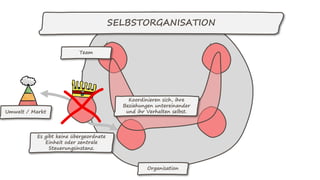 SELBSTORGANISATION
Team
Koordinieren sich, ihre
Beziehungen untereinander
und ihr Verhalten selbst.
Es gibt keine übergeordnete
Einheit oder zentrale
Steuerungsinstanz.
Organisation
Umwelt / Markt
 