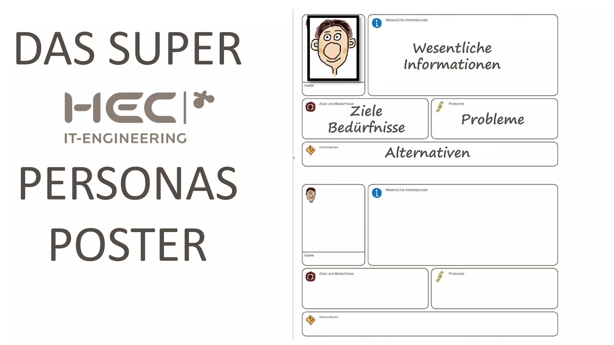 Probleme
Wesentliche
Informationen
Ziele
Bedürfnisse
DAS SUPER
PERSONAS
POSTER
Alternativen
 