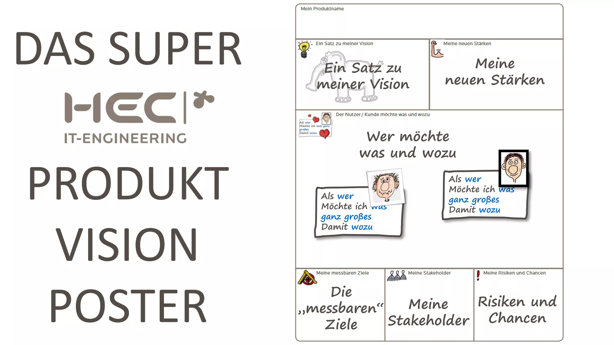Ein Satz zu
meiner Vision
Meine
neuen Stärken
Wer möchte
was und wozu
Die
„messbaren“
Ziele
Meine
Stakeholder
Risiken und
Chancen
Als wer
Möchte ich was
ganz großes
Damit wozu
Als wer
Möchte ich was
ganz großes
Damit wozu
DAS SUPER
PRODUKT
VISION
POSTER
 