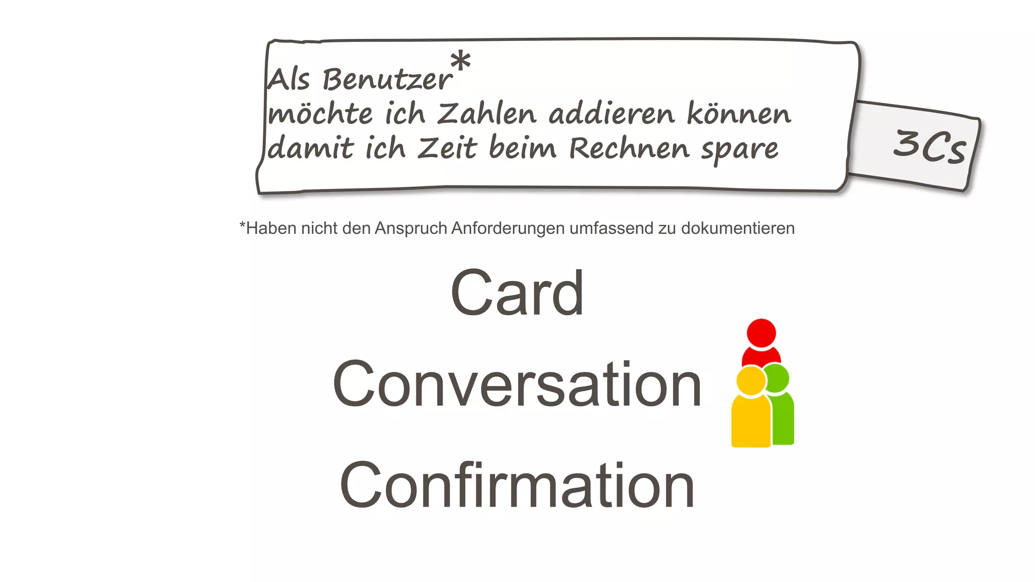 *Haben nicht den Anspruch Anforderungen umfassend zu dokumentieren
Card
Conversation
Confirmation
Als Benutzer
möchte ich Zahlen addieren können
damit ich Zeit beim Rechnen spare
*
 