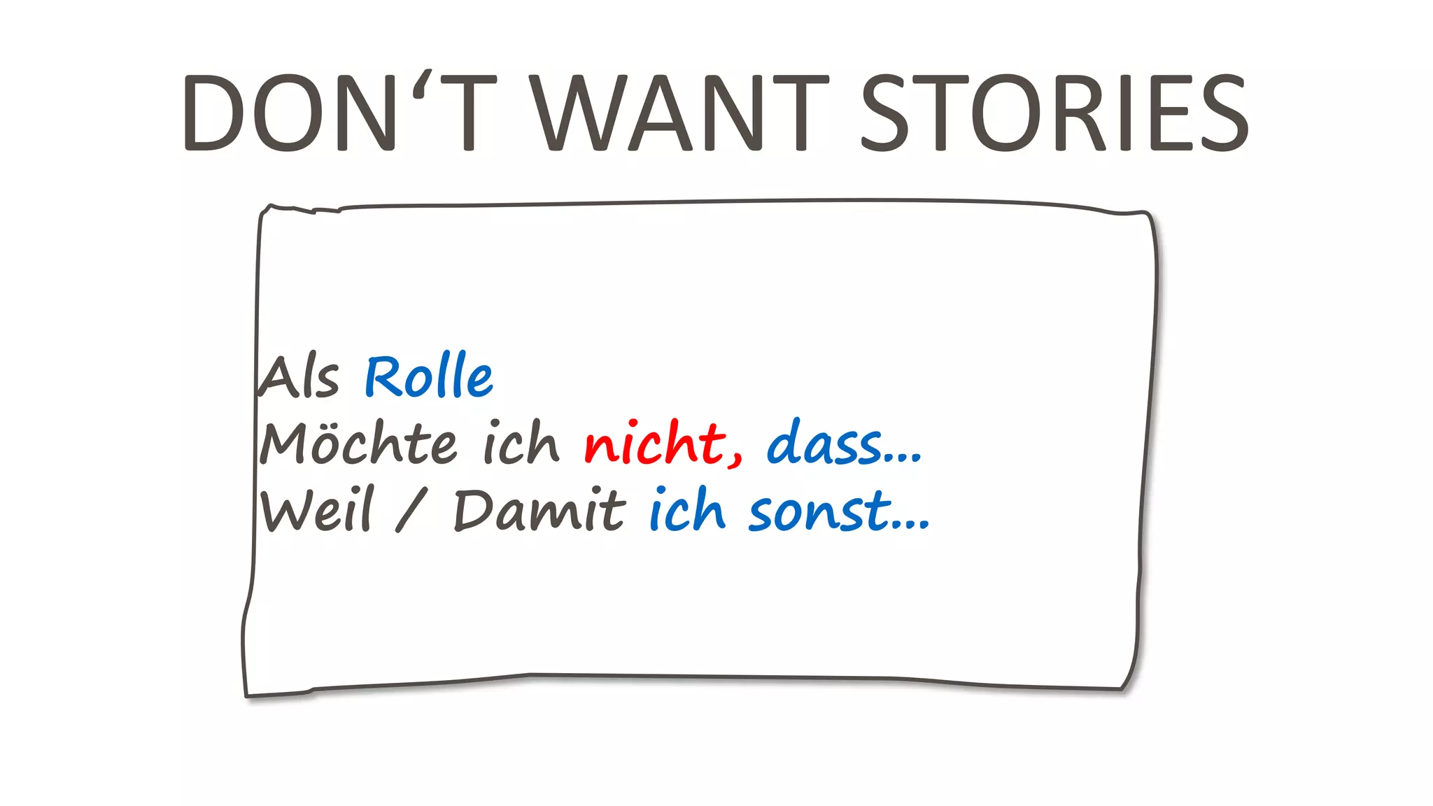 DON‘T WANT STORIES
Als Rolle
Möchte ich nicht, dass...
Weil / Damit ich sonst...
 
