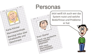 Personas
Jetzt weiß ich auch wer das
System nutzt und welche
Bedürfnisse und Probleme
er hat
 