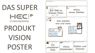 Ein Satz zu
meiner Vision
Meine
neuen Stärken
Wer möchte
was und wozu
Die
„messbaren“
Ziele
Meine
Stakeholder
Risiken und
Chancen
Als wer
Möchte ich was
ganz großes
Damit wozu
Als wer
Möchte ich was
ganz großes
Damit wozu
DAS SUPER
PRODUKT
VISION
POSTER
 
