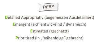 Detailed Appropriatly (angemessen Ausdetailliert)
Emergent (sich entwickelnd / dynamisch)
Estimated (geschätzt)
Prioritized (in „Reihenfolge“ gebracht)
 