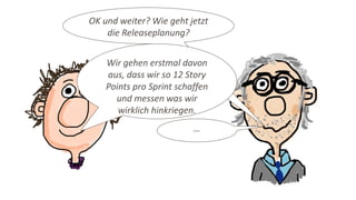 …
OK und weiter? Wie geht jetzt
die Releaseplanung?
Wir gehen erstmal davon
aus, dass wir so 12 Story
Points pro Sprint schaffen
und messen was wir
wirklich hinkriegen.
 