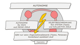 AUTONOMIE
AUTONOMIE
für MICH
und MEINE ZIELE
SELBSTBESCHRÄNKUNG
fürs SYSTEM (Team)
und KOLLEKTIVE ZIELE
Geht nur wenn Organisationselemente (Teams, Personen)
hinreichend sozialisiert sind!
Organisation
 
