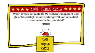 DAS AGILE QUIZ
Wenn divers aufgestellte Menschen transparent und
gleichberechtigt, verantwortungsvoll und reflektiert
zusammenarbeiten, entsteht?
DAS
AGILE
QUIZ
???Streit
 