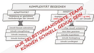 Anpassung an geschehene
Veränderungen der Umwelt
Umwelt bewusst wahrnehmen
Schnelle Lösungsfindung
Schnelle Umsetzung
Schnelle Rückkopplung
ADAPTIVITÄT
Anpassung an (und Beeinflussung von)
zukünftigen Veränderungen der Umwelt
Zukünftige Umwelt antizipieren
Neue Ideen generieren
Schnelles Ausprobieren
Schnelle Rückkopplung
INNOVATIVITÄT
Schnelle Lernfähigkeit
KOMPLEXITÄT BEGEGNEN
 