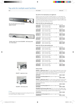Tap units for multiple wash facilities
VIEW	

TYPE / DESIGN		

ARTICLE NO.

Tap unit for 2 to 6 wash places, incl. hygiene kit
Ready-to-connect tap unit made of stainless steel for 2 to 6 wash places, for
wall-mounting and connection to hot and cold water from the rear, right or left.
Housing satin finished with pre-mounted tap connector blocks and hygiene kit
(6 V DC) for flushing the pipes via the last tapping point, isolated stainless steel
piping, mounting rail and fastening material.
Tap unit with hygiene kit for automatic
hygiene flushing

Model with 600 mm wide washing units
2 wash places, Dimensions of housing (W × H × D): 1200 × 173 × 72 mm
AQFU0002	 water connection left	 	2000110616
AQFU0003	 water connection right		
2000110617
3 wash places, Dimensions of housing (W × H × D): 1800 × 173 × 72 mm
AQFU0008	 water connection left	 	2000110622
AQFU0009	 water connection right		2000110623
4 wash places, Dimensions of housing (W × H × D): 2400 × 173 × 72 mm
AQFU0014	 water connection left	 	2000110628
AQFU0015	 water connection right		2000110629
5 wash places, Dimensions of housing (W × H × D): 3000 × 173 × 72 mm
AQFU0020	 water connection left	 	2000110634
AQFU0021	 water connection right		2000110635

Sample model: Tap unit with AQUAMIX - self-closing mixer
for 2 wash places

6 wash places, Dimensions of housing (W × H × D): 3600 × 173 × 72 mm
AQFU0026	 water connection left	 	2000110640
AQFU0027	 water connection right		2000110641
Model with 700 mm wide washing units
2 wash places, Dimensions of housing (W × H × D): 1400 × 173 × 72 mm
AQFU0005	 water connection left		
2000110619
AQFU0006	 water connection right		
2000110620
3 wash places, Dimensions of housing (W × H × D): 2100 × 173 × 72 mm
AQFU0011	 water connection left		
2000110625
AQFU0012	 water connection right		
2000110626
4 wash places, Dimensions of housing (W × H × D): 2800 × 173 × 72 mm
AQFU0017	 water connection left		
2000110631
AQFU0018	 water connection right		
2000110632
5 wash places, Dimensions of housing (W × H × D): 3500 × 173 × 72 mm
AQFU0023	 water connection left		
2000110637
AQFU0024	 water connection right		
2000110638
6 wash places, Dimensions of housing (W × H × D): 4200 × 173 × 72 mm
AQFU0029	 water connection left		
2000110643
AQFU0030	 water connection right		2000110644
Choice of taps:

AQUAFIT - single lever mixer

AQUAFIT - single lever mixer DN 15 with mixing cartridge with ceramic discs
and thermostatic scald protection according to DIN EN 1111 for tap unit, with
angled outlet, connections above each other, for connecting to hot and cold
water, full-metal design, polished chromium-plated brass.
AQFT0007			
2000110587
for tap unit including hygiene kit, bypass for hygiene flushing
AQFT0008			
2000110588
AQUAFIT - single lever mixer DN 15 with mixing cartridge with ceramic discs
and adjustable temperature limit for tap unit, with angled outlet, connections
above each other, for connecting to hot and cold water, full-metal design, polished
chromium-plated brass.
AQFT0005			
2000110585

AQUAMIX - self-closing mixer

Note:
In an embodiment with hygiene kit, the last tap along the line must
be a tap with bypass for hygiene flushing.

for tap unit including hygiene kit, bypass for hygiene flushing
AQFT0006			
2000110586
AQUAMIX-S self-closing single mixer DN 15 for tap unit with angled outlet,
connections above each other, for connecting to hot and cold water, adjustable
flow duration, full-metal design, polished chromium-plated brass.
AQMXS0002			

2000110589

for tap unit including hygiene kit, bypass for hygiene flushing
AQMXS0003			
2000110590
11

Innovations_2013_INT_EN.indd 11

08/08/2013 13:39

 