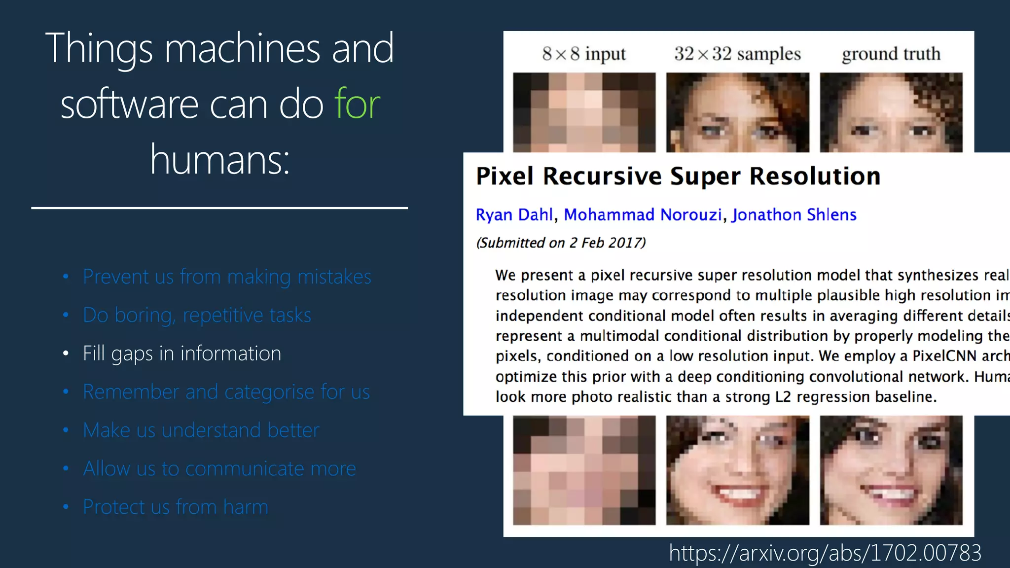 Things machines and
software can do for
humans:
• Prevent us from making mistakes
• Do boring, repetitive tasks
• Fill gaps in information
• Remember and categorise for us
• Make us understand better
• Allow us to communicate more
• Protect us from harm
https://arxiv.org/abs/1702.00783
 
