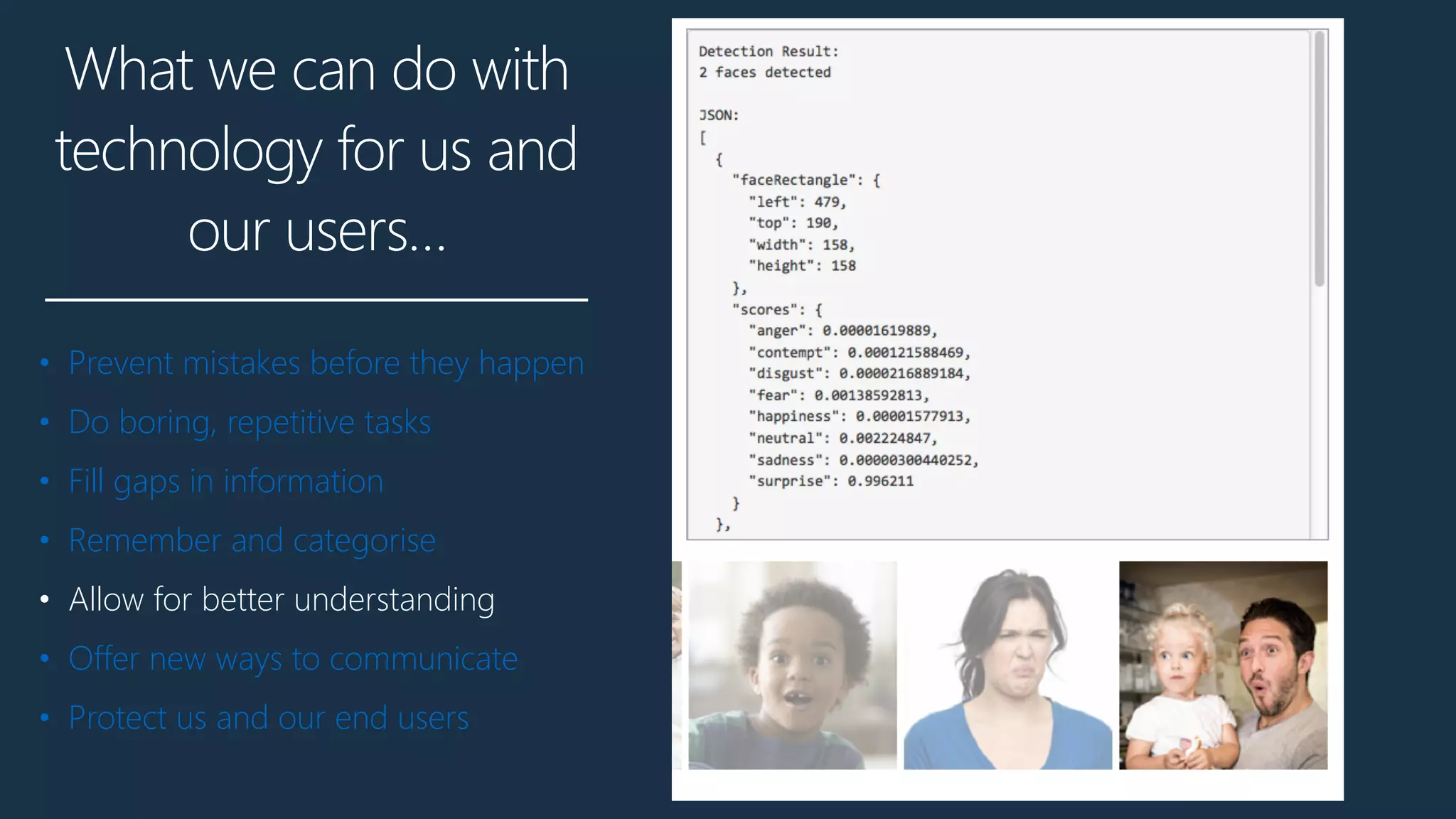 What we can do with
technology for us and
our users…
• Prevent mistakes before they happen
• Do boring, repetitive tasks
• Fill gaps in information
• Remember and categorise
• Allow for better understanding
• Offer new ways to communicate
• Protect us and our end users
 