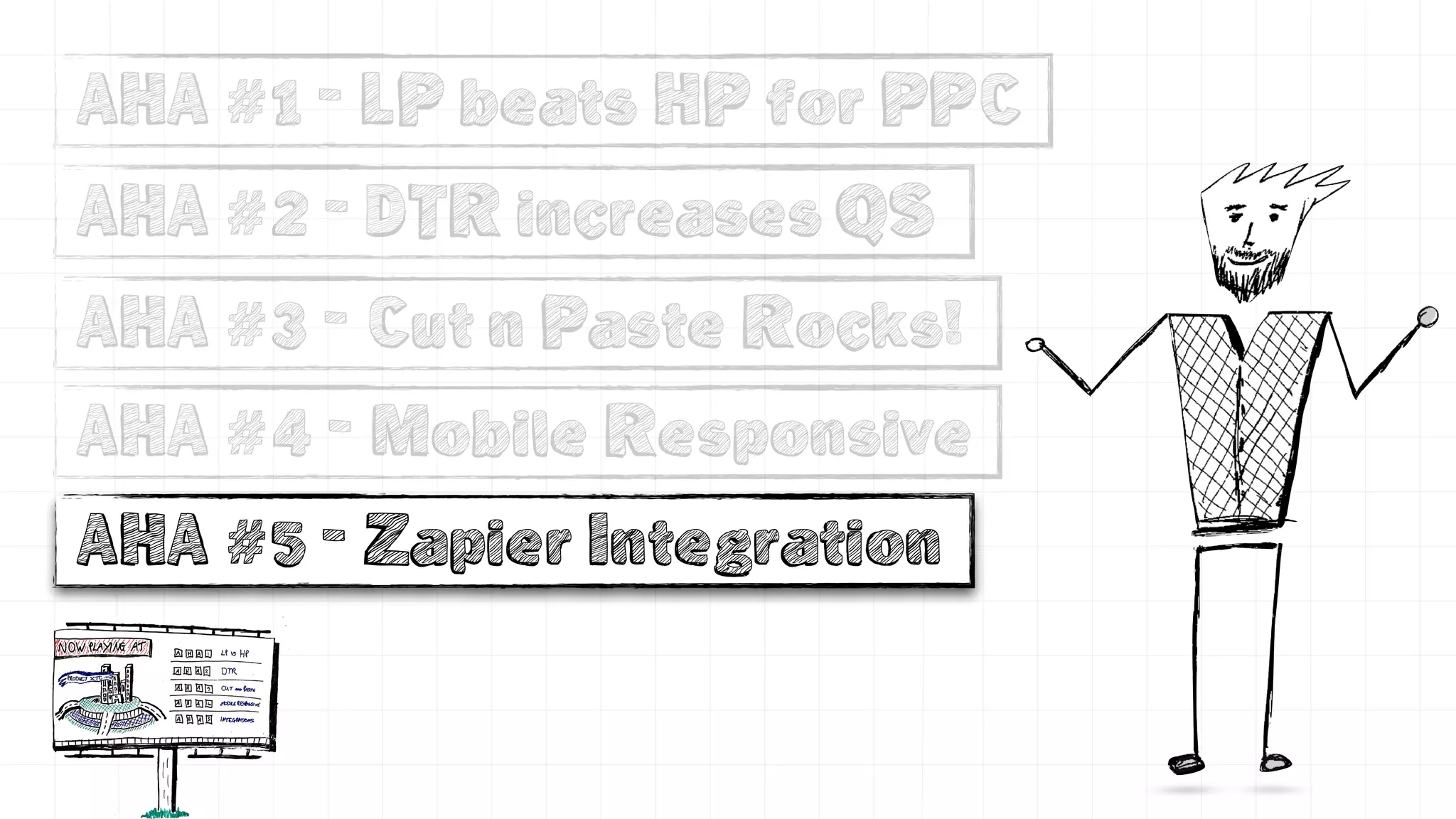 AHA #1 - LP beats HP for PPC
AHA #2 - DTR increases QS
AHA #3 - Cut n Paste Rocks!
AHA #4 - Mobile Responsive
AHA #5 - Zapier Integration
 