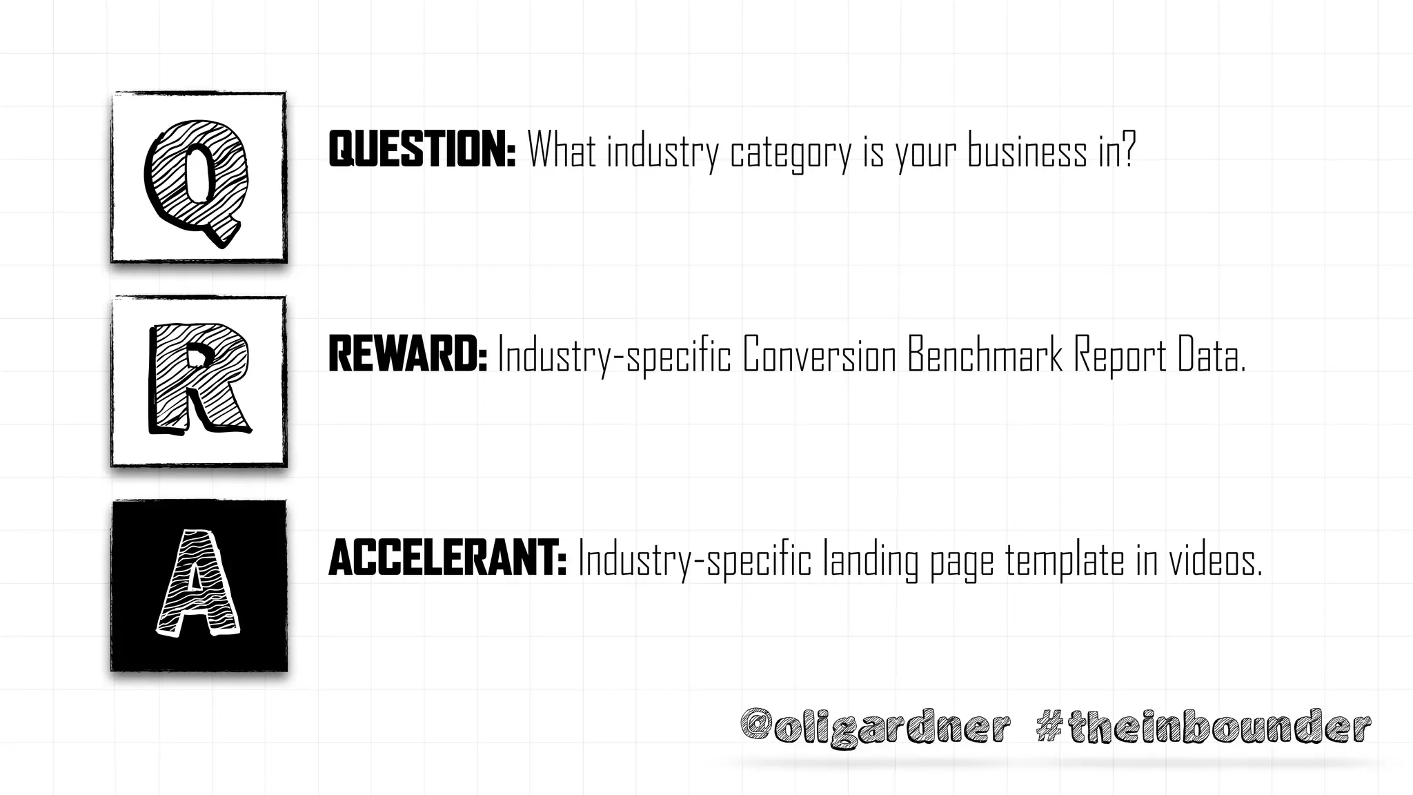 @oligardner #theinbounder
Q
R
A
QUESTION: What industry category is your business in?
REWARD: Industry-specific Conversion Benchmark Report Data.
ACCELERANT: Industry-specific landing page template in videos.
 