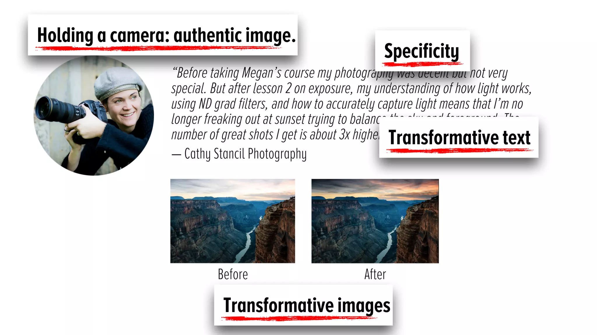 “Before taking Megan’s course my photography was decent but not very
special. But after lesson 2 on exposure, my understanding of how light works,
using ND grad ﬁlters, and how to accurately capture light means that I’m no
longer freaking out at sunset trying to balance the sky and foreground. The
number of great shots I get is about 3x higher.”
— Cathy Stancil Photography
Before After
Holding a camera: authentic image.
Speciﬁcity
Transformative images
Transformative text
 