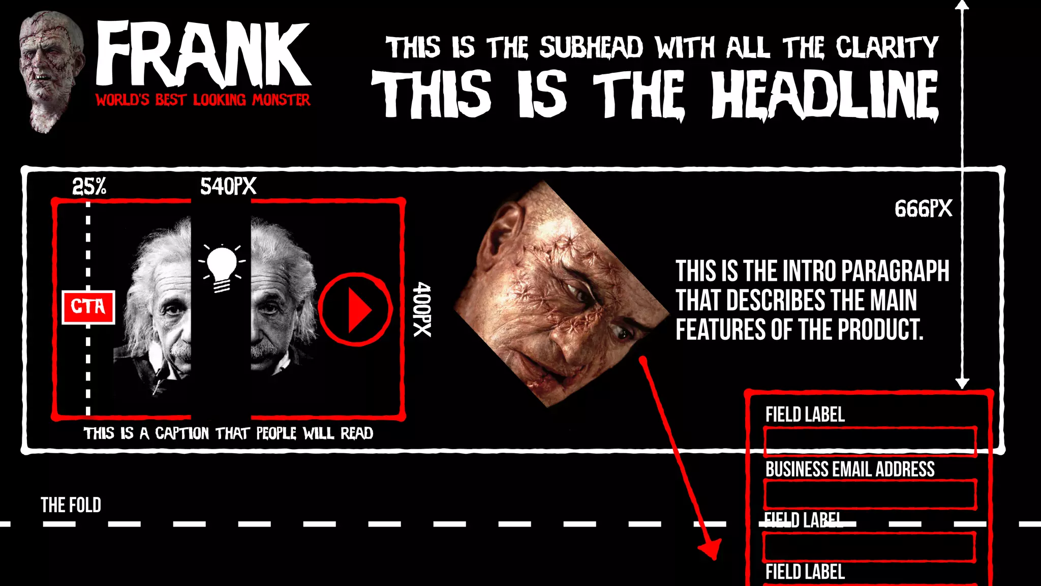 Frankworld’s best looking monster
This is the Headline
This is the subhead with all the clarity
This is the intro paragraph
that describes the main
features of the product.
540px
400px
This is a caption that people will read
CTA
25%
THE FOLD
Field Label
Field Label
Field Label
Business Email Address
666px
 