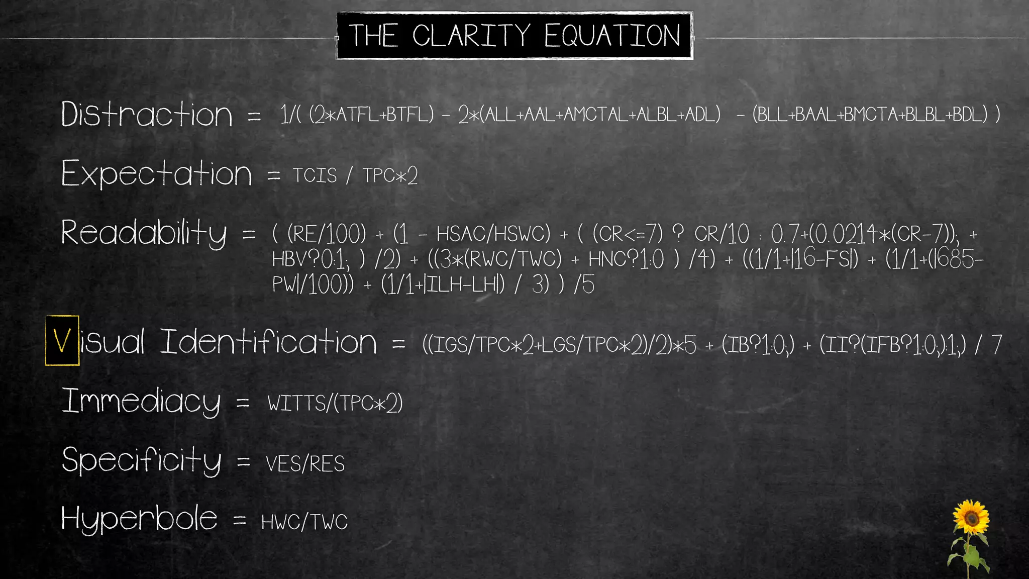 Readability =
Distraction =
Expectation =
Immediacy =
Specificity = VES/RES
Visual Identification =
Hyperbole = HWC/TWC
THE CLARITY EQUATION
1/( (2*ATFL+BTFL) - 2*(ALL+AAL+AMCTAL+ALBL+ADL) - (BLL+BAAL+BMCTA+BLBL+BDL) )
((IGS/TPC*2+LGS/TPC*2)/2)*5 + (IB?1:0;) + (II?(IFB?1:0;):1;) / 7
TCIS / TPC*2
( (RE/100) + (1 - HSAC/HSWC) + ( (CR<=7) ? CR/10 : 0.7+(0.0214*(CR-7)); +
HBV?0:1; ) /2) + ((3*(RWC/TWC) + HNC?1:0 ) /4) + ((1/1+|16-FS|) + (1/1+(|685-
PW|/100)) + (1/1+|ILH-LH|) / 3) ) /5
WITTS/(TPC*2)
V
 