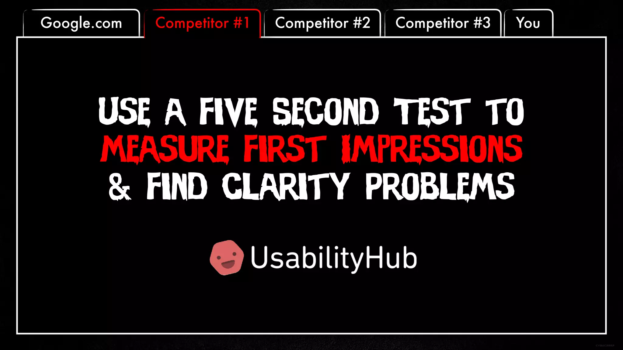 Competitor #3 YouCompetitor #2Competitor #1Google.com
Use a Five Second Test to
Measure First Impressions
& Find Clarity Problems
 
