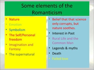Some elements of the
Romanticism
• Nature
• Emotion
• Symbolism
• The Self/Personal
freedom
• Imagination and
Fantasy
• Th...